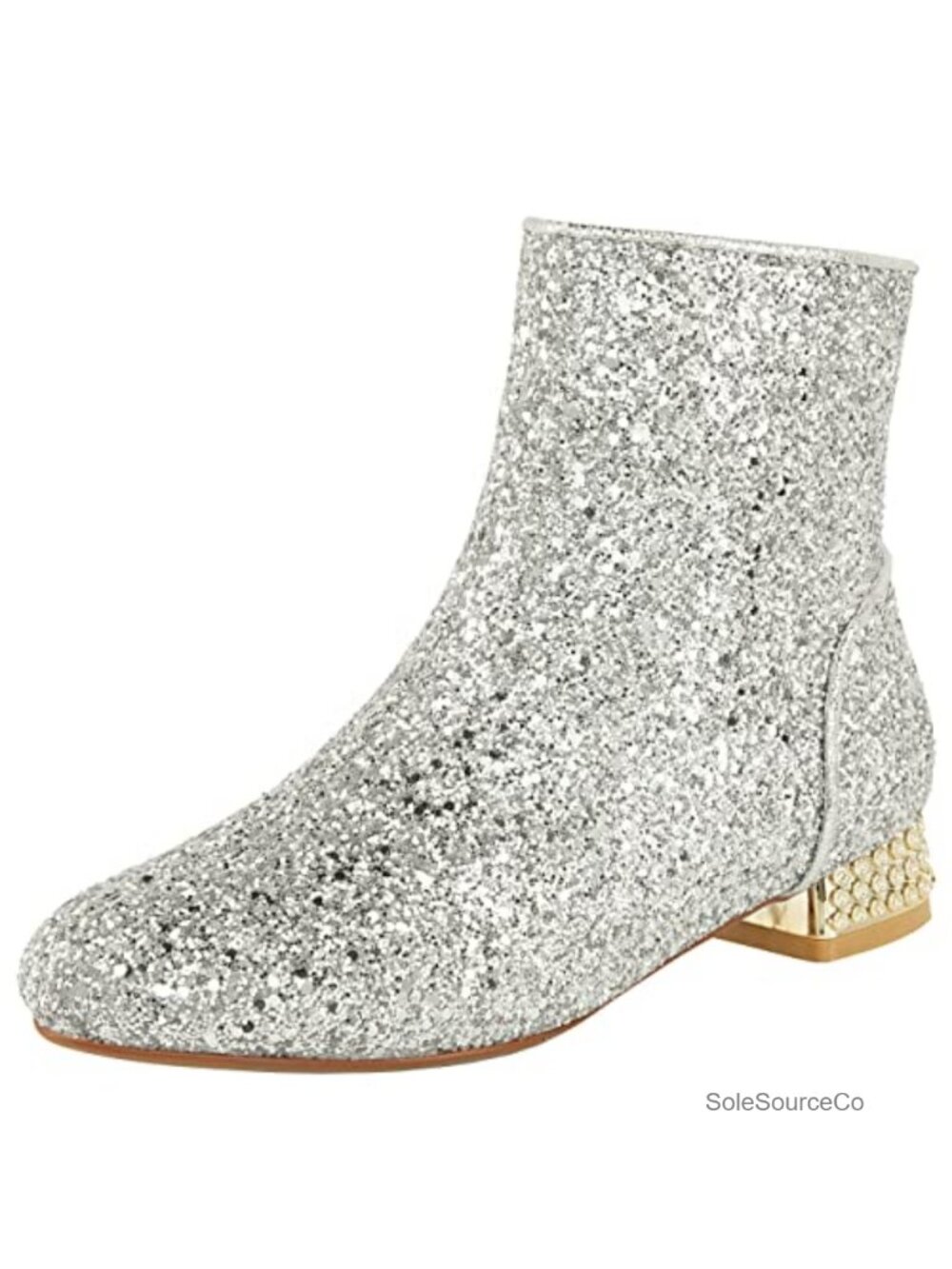 Sequin Ankle Boots Low Chunky Heel Round Toe Side Zip Glitter Booties